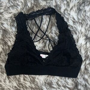 Elegant Black Lace Bralette Lacey neck Strappy back straps Adjustable #pink
